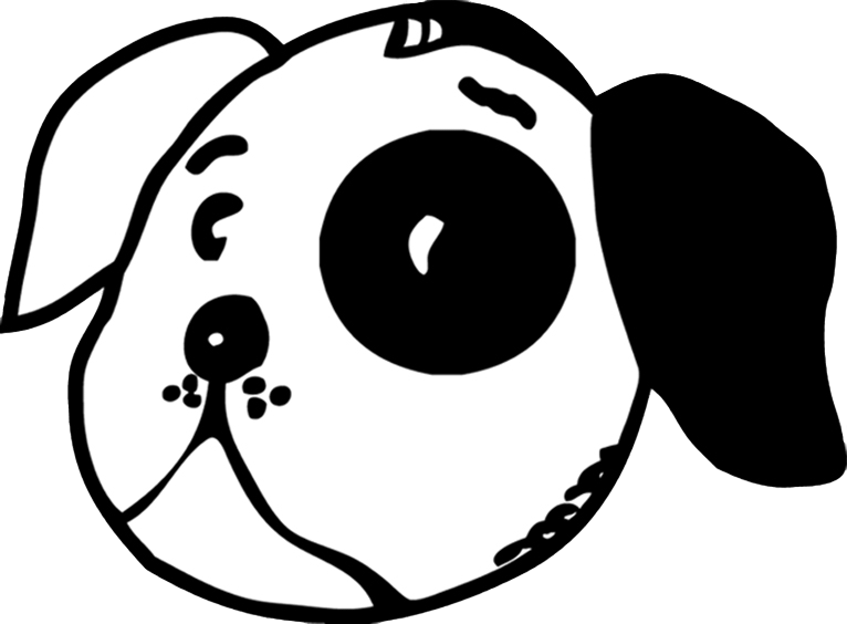 Dog illustration with black spot over left eye and black floppy ears. He is famous and is used on many Bonn Place items. You should pet him and make him your friend. Of course, you cannot since it is a drawing. We can dream.